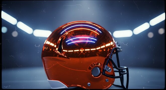 Orange chrome american football helmet with neon lights reflecting, representing modern sports and technology