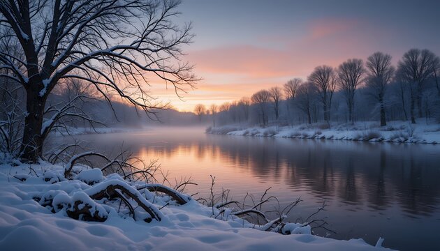 tranquil winter river landscape at sunrise with snow covered trees and reflective water surface