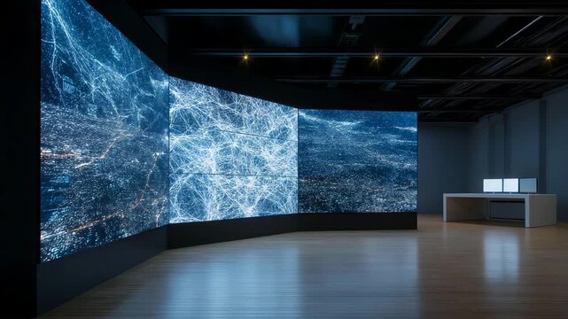 Dark room illuminated only by holographic displays of neural pathways and data streams, emphasizing deep learning innovation, coding interface complexity, AI algorithm development, and the mystery
