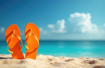 Bright orange flip-flops sit on soft sand beside turquoise ocean waves under a clear blue sky. Perfect for summer vacation, beach relaxation, and coastal holidays. Shoes await adventure on shore.