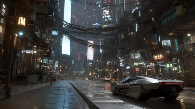 Futuristic cyberpunk alleyway with neon advertisements reflecting on rain-soaked pavement, sleek hovercars passing by, and pedestrians wearing cybernetic enhancements, symbolizing a high-tech urban