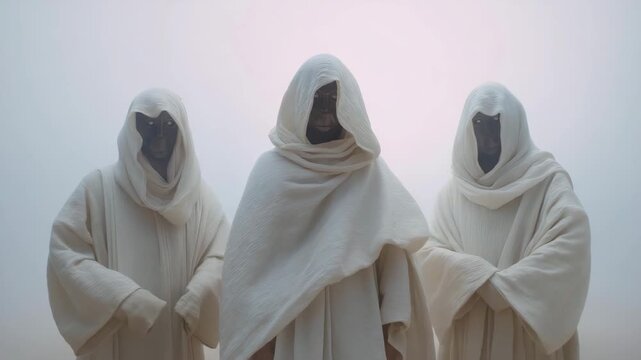 Group of masked and faceless figures standing together in a fog-covered space, representing anonymous collectives, shared secrecy, mystery of identity, unity through hidden personas, and the enigma