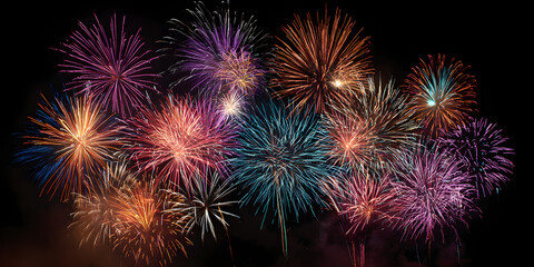 Colorful fireworks exploding in the night sky, creating a dazzling display of light and color for celebrations and holidays