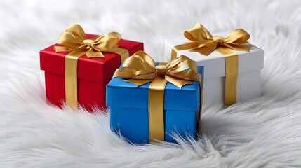 Fototapeta premium Three elegantly wrapped gift boxes in red, blue, and white, adorned with shimmering golden ribbons and bows, resting on a soft, fluffy white surface.