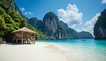 Serene tropical beach with turquoise waters and dramatic limestone cliffs under a clear sky