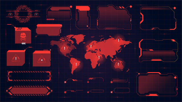 Cyber security alert interface. Futuristic red HUD elements with digital world map, warning symbols, and tech frames. Vector illustration for hacking, virus attack, cyber threat, and technology design