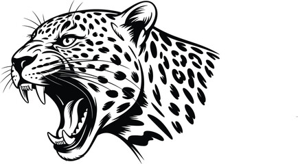 Roaring leopard head, black and white animal sketch, fierce jungle predator, wild feline illustration, aggressive wildlife art, intense big cat drawing