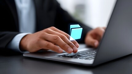 Fototapeta premium A professional in a suit using a laptop at a desk in a modern office environment, focused on their work and technology.