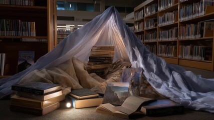 A child builds a fort from books in a library’s kids’ section, with spines stacked, a blanket draped, a flashlight glowing, and storybooks scattered, shown in a playful photo with book covers, - Powered by Adobe