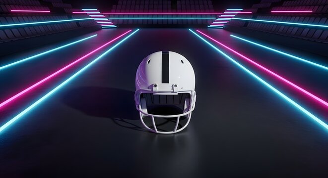 A white american football helmet sits on a dark surface with neon blue and pink lights in a stadium setting