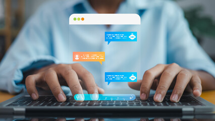 Artificial intelligence chatbot conversation on laptop computer, AI assistant technology for online communication and customer support