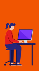A woman in a red sweater sits at a desk, working on a desktop computer against a bright orange background.