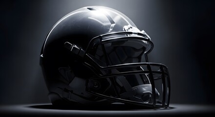 Fototapeta premium Sleek, glossy black american football helmet with dramatic lighting and a dark, moody background