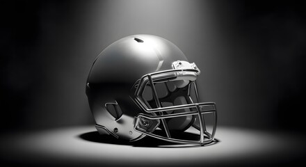 Naklejka premium Closeup of a metallic silver american football helmet on a dark, dramatic background