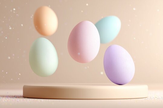Colorful pastel eggs levitating above a smooth surface in a softly lit, minimalist setting during a festive spring celebration