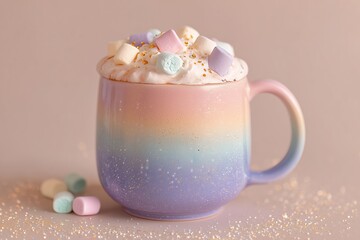 Colorful mug filled with whipped cream and marshmallows sits on a pastel surface surrounded by sparkles and mini marshmallows