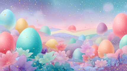 Colorful Easter eggs scattered across a dreamy pastel landscape in springtime bloom with flowers and soft hues of blue, pink, and yellow under a sparkling sky