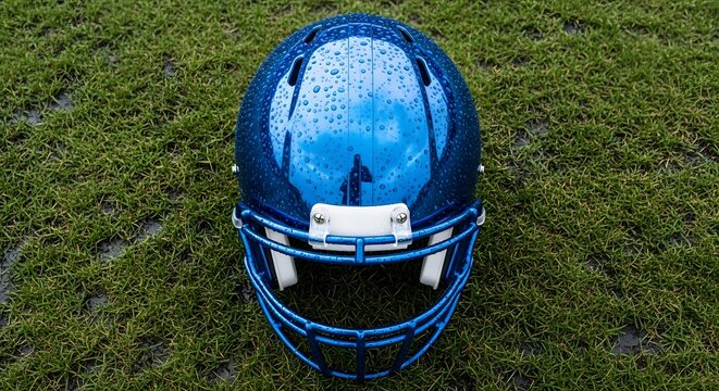 A wet, blue american football helmet sits on a grassy field after a rain shower