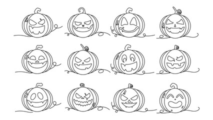 Halloween pumpkin face line art set.