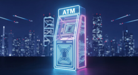Futuristic glowing atm machine in a neon-lit city at night symbolizing financial technology advancements