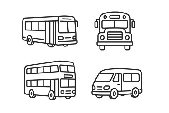 Outline illustrations of various buses and van
