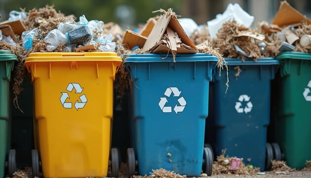 Overflowing recycling bins filled with mixed waste on street. Trash cans with recycle logo. Yellow bin, blue container and green can full with plastic and paper trash. Eco sorting waste