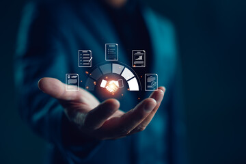 Businessman showing digital procurement interface with handshake icon, representing contract management, purchasing, sourcing, supply chain in smart business operations, Partnership, Transformation.