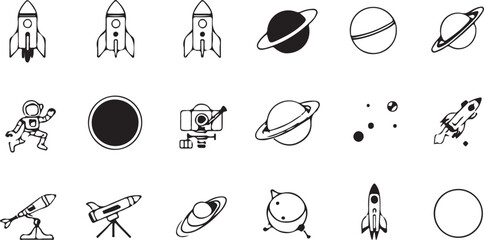 Artline Silhouette Space Exploration Icons: Mono Line Vector Set of Astronomy, Planets, and Spacecraft Symbols
