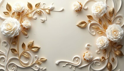 Elegant 3D white roses with gold leaves adorn a neutral background. Delicate floral swirls create a luxurious decorative frame perfect for invitations or special event designs.