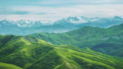 Obraz premium GreenHillsSnowCappedMountains