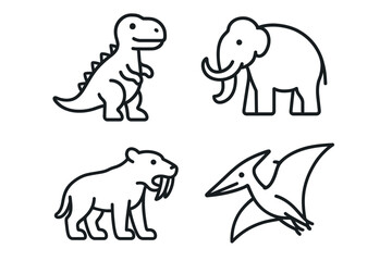 Obraz premium Line art of dinosaur, mammoth, saber-toothed tiger, and pterodactyl