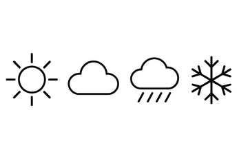 Obraz premium Minimalist weather icons: sun, cloud, rain, snowflake illustrations