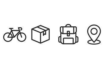 Minimalist icons: bicycle, box, backpack, location pin