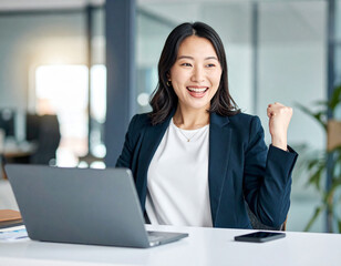 パソコンを見て大喜びのビジネスウーマン