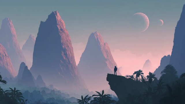 Video animation of a flat 2D line illustration of astronaut on cliff overlooking alien planet landscape, foggy night sky with two exoplanets, surreal colorful sci-fi mountain landscape