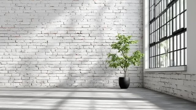 Interior scene with a white brick wall, gray floor, potted plant, and a large window