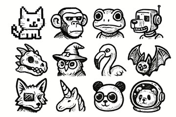 Fototapeta premium Monochrome animal and character icons: cat, monkey, frog, robot, and more