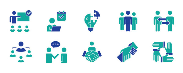 Business People icon set. Office and teamwork related line icons. manager, employee, meeting, leadership, handshake, corporate, communication, collaboration, success and more. Editable stroke.