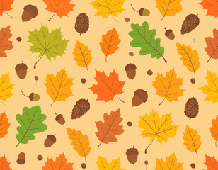 Seamless Autumn Leaf Pattern with Acorns and Pinecones in Flat Vector Style.Seamless vector pattern featuring colorful autumn leaves, acorns, and pinecones on a warm beige background. Designed in a fl