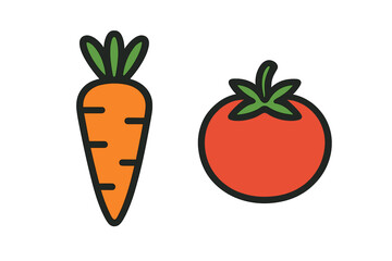 Vegetable icons with carrot and tomato illustration, colorful fresh vegetable symbols, carrot root vegetable and round ripe tomato isolated on transparent background, healthy food concept