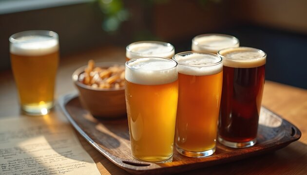 Selection of craft beers presented on wooden tray. Six glasses contain amber and golden ales. Snacks accompany beverages suggesting pub or brewery setting. Refreshing drink for social gatherings. - Powered by Adobe