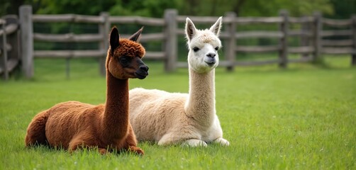 Two alpacas rest on green grass field near wooden fence. Brown and white alpacas sit in meadow, looking to camera. Rural nature scene at farm in summertime.
