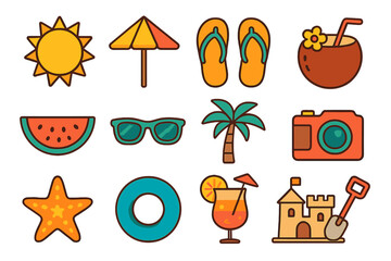 Bright summer icons set with sun, palm tree, beach umbrella, flip flops, watermelon, sunglasses, starfish, camera, tropical drinks, float ring, and sandcastle, vacation and holiday vector illustration