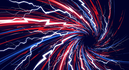Vibrant vortex of energetic streams in shades of red blue and white against darkness