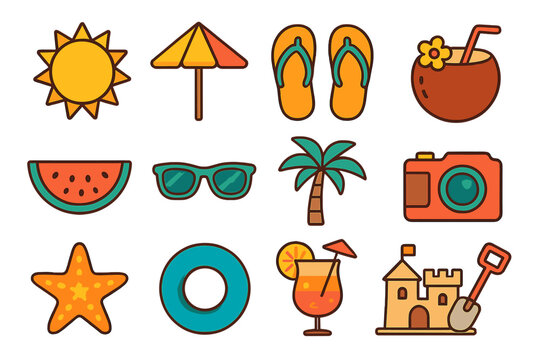 Bright summer icons set with sun, palm tree, beach umbrella, flip flops, watermelon, sunglasses, starfish, camera, tropical drinks, float ring, and sandcastle, vacation and holiday vector illustration