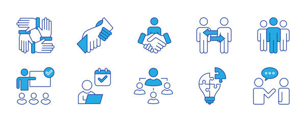 Business People icon set. Office and teamwork related line icons. manager, employee, meeting, leadership, handshake, corporate, communication, collaboration, success and more. Editable stroke.