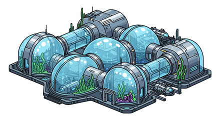 Isometric vector illustration of a futuristic underwater research habitat compound