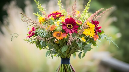 Obraz premium Colorful autumn flower bouquet with vibrant gerbera daisies and foliage arrangement