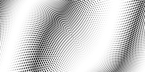 Abstract halftone wave dotted background. Halftone grunge pattern with square. Vector halftone modern pop art twisted texture for poster, cover, business card, postcard, art label layout, sticker.