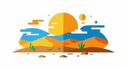 Flat design desert scene with sun dunes sky and minimal vegetation creating a serene landscape